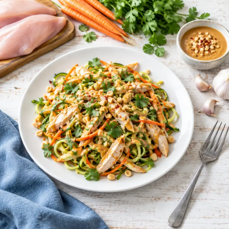 Thai Chicken & Zucchini Noodle Salad with Spicy Peanut Sauce, plated