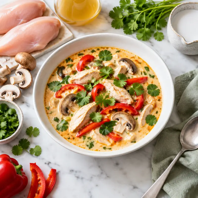 Thai Coconut Chicken Soup with Mushrooms & Bell Pepper, plated