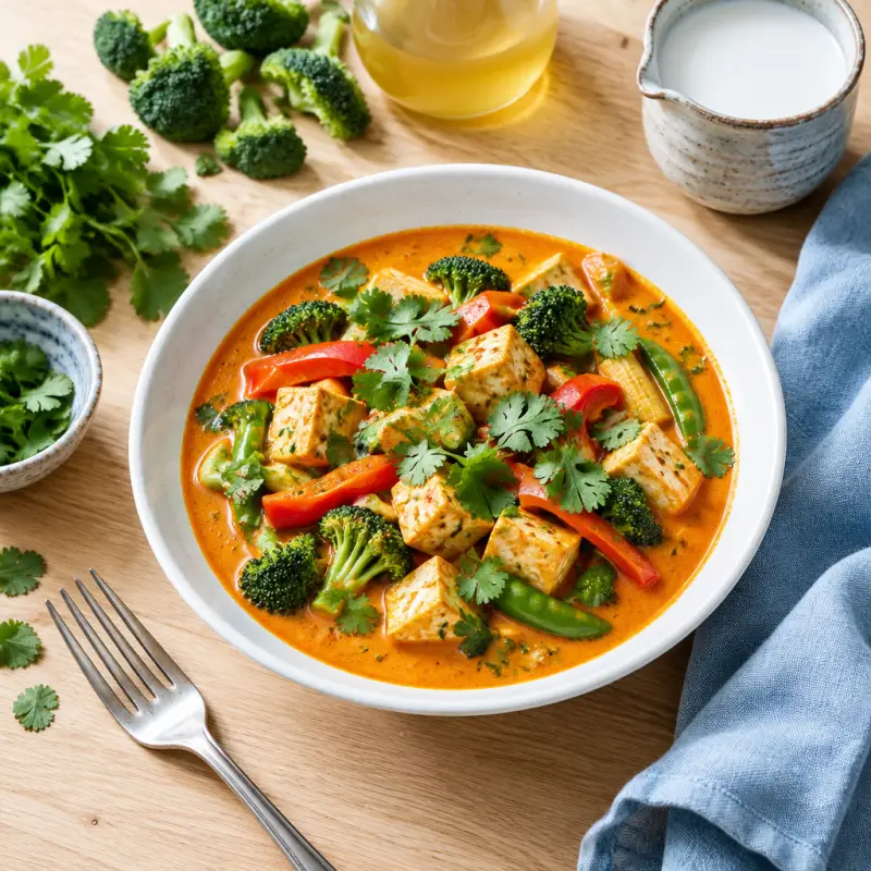Thai Coconut Red Curry Soup with Tofu, Mixed Veggies & Cilantro, plated