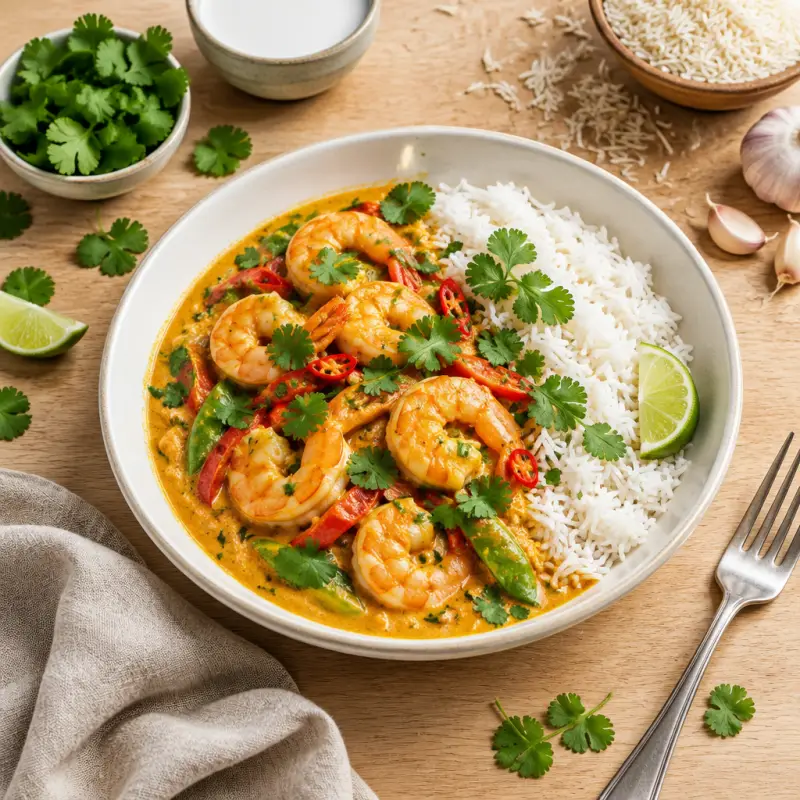 Thai Coconut Shrimp Curry with Basmati Rice, plated