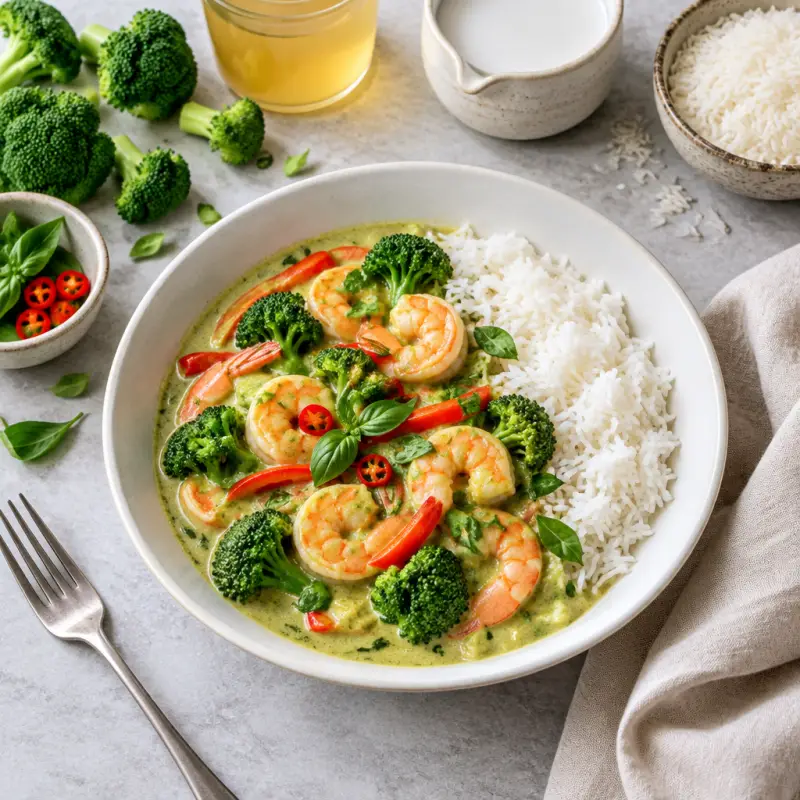 Thai Green Coconut Curry with Shrimp, Broccoli, Bell Pepper & Rice, plated