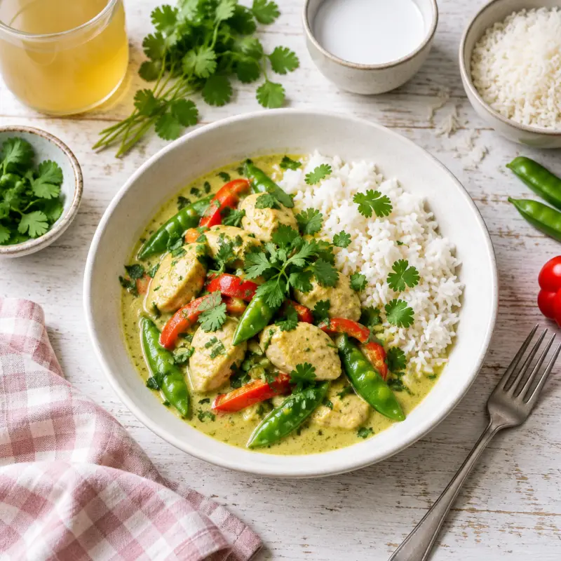 Thai Green Curry Chicken with Snap Peas, Bell Pepper, Cilantro & Rice, plated