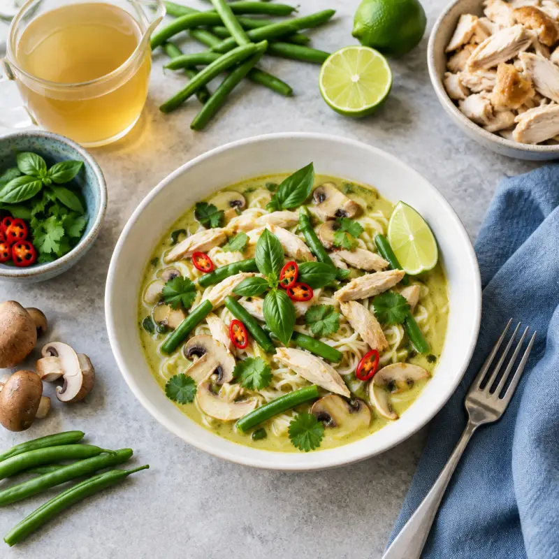 Thai Green Curry Soup with Chicken, Noodles, Mushrooms & Green Beans, plated