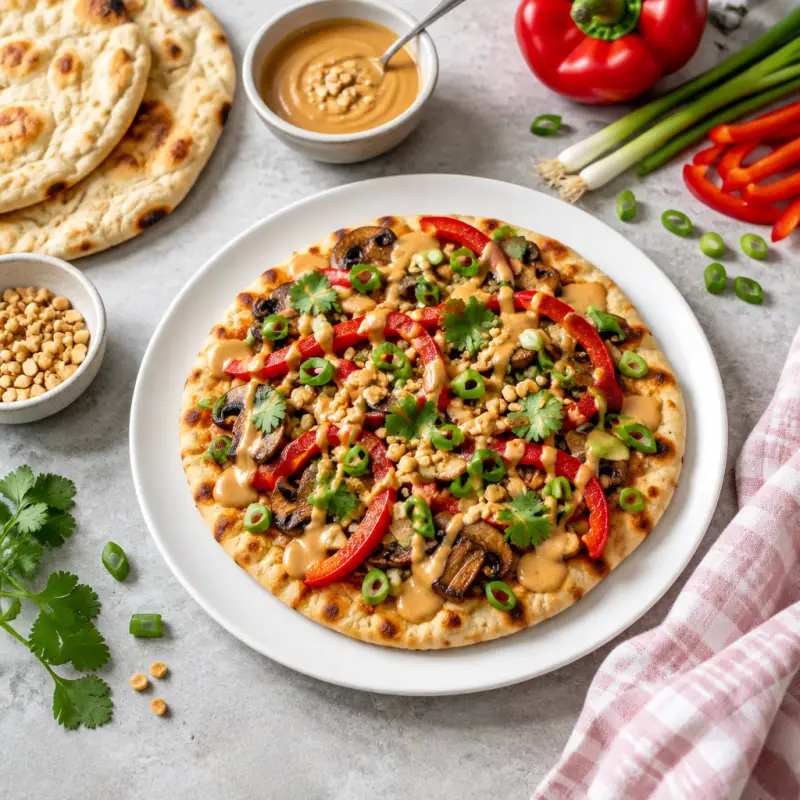 Thai-Inspired Pizza with Mushroom, Bell Pepper & Peanut Sauce, plated