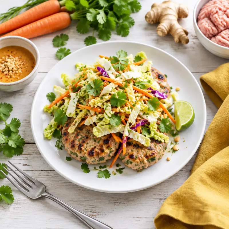 Thai-Inspired Turkey Burgers with Napa Cabbage Slaw, plated