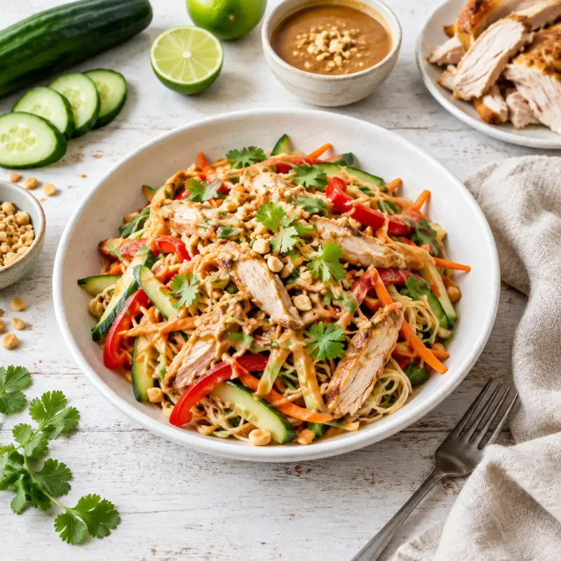 Thai Peanut Chicken Noodle Salad with Bell Pepper, Cucumber & Carrot, plated