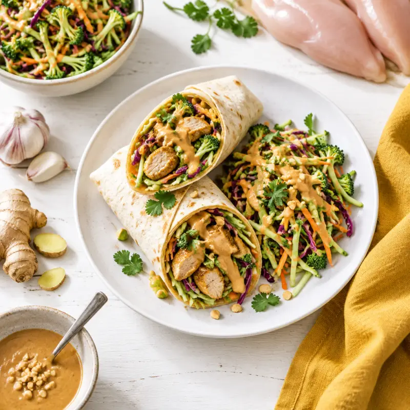 Thai Peanut Chicken Wraps with Broccoli Slaw, plated