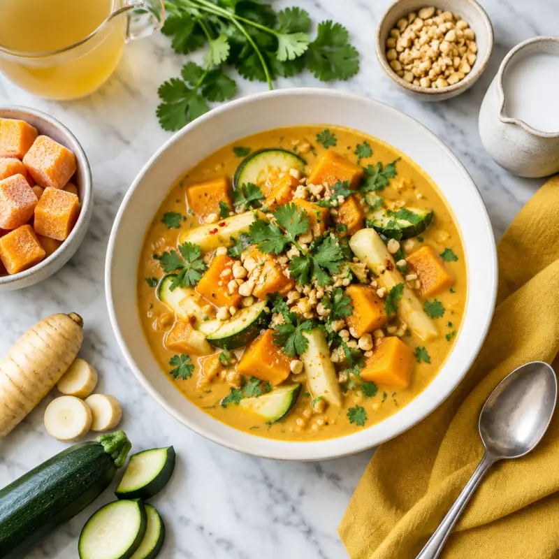 Thai Peanut-Coconut Soup with Parsnip, Zucchini & Butternut Squash, plated