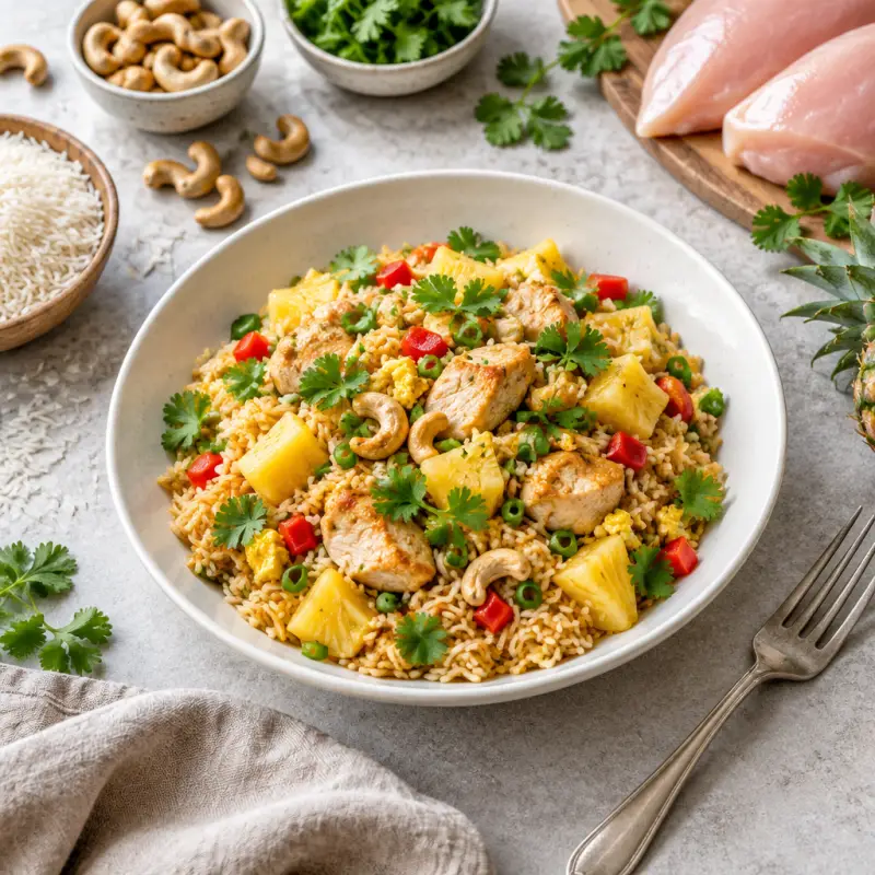 Thai Pineapple Fried Rice with Chicken, plated