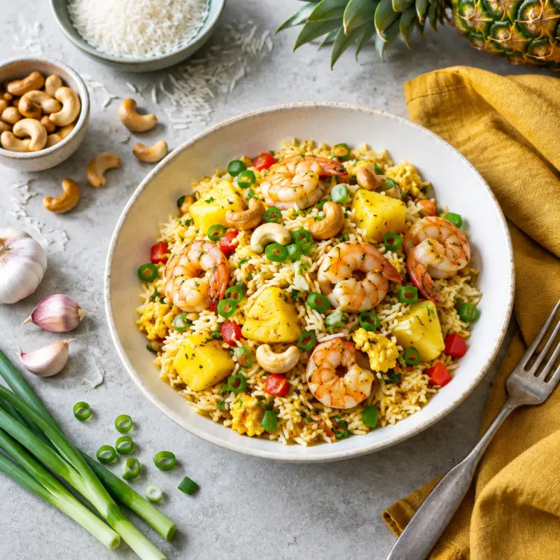 Thai Pineapple Fried Rice with Shrimp, plated
