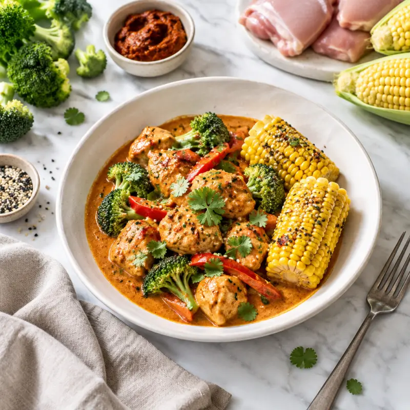 Thai Red Curry Chicken & Broccoli with Sesame Corn on the Cob, plated