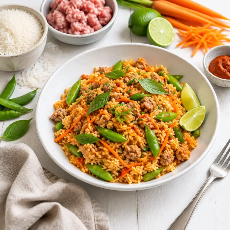 Thai Red Curry Fried Rice with Ground Pork, Carrots & Snap Peas, plated