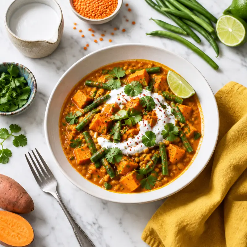 Thai Red Curry Lentil Stew with Sweet Potato, Green Beans & Yogurt, plated