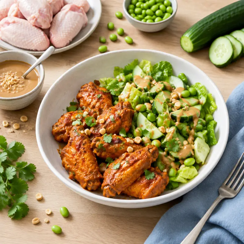 Thai Red Curry Wings with Romaine, Cucumber, Edamame & Peanut Salad, plated