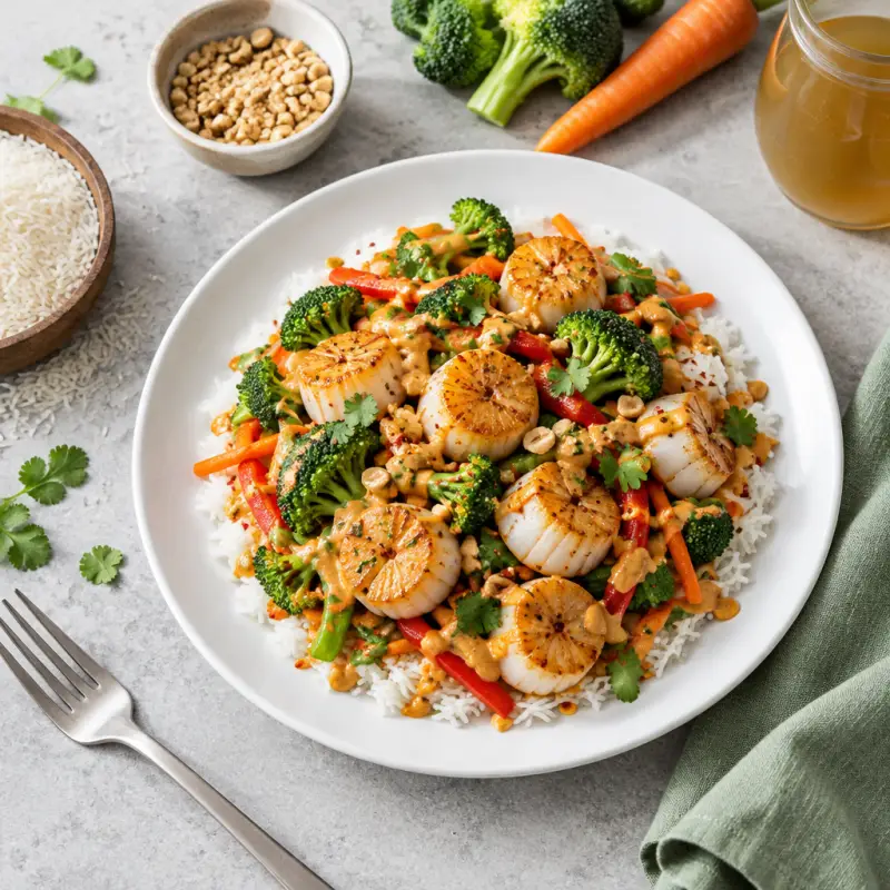 Thai Scallop & Veggie Sauté with Spicy Peanut Sauce, plated