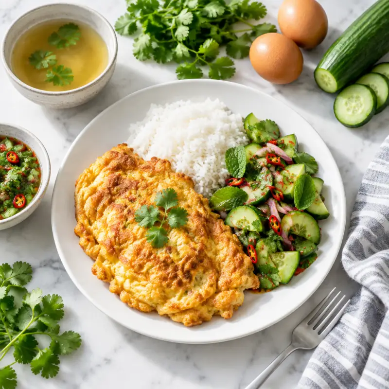 Thai-Style Omelet (Kai Jeow) with Spicy Cucumber-Herb Salad & Rice, plated