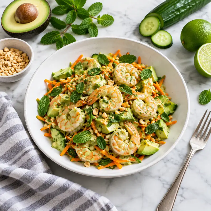 Thai-Style Shrimp Salad with Carrots, Peanuts & Green Curry Dressing, plated