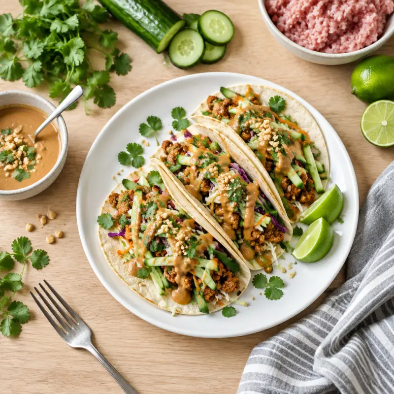 Thai Turkey Tacos with Peanut Sauce & Cucumber Slaw, plated