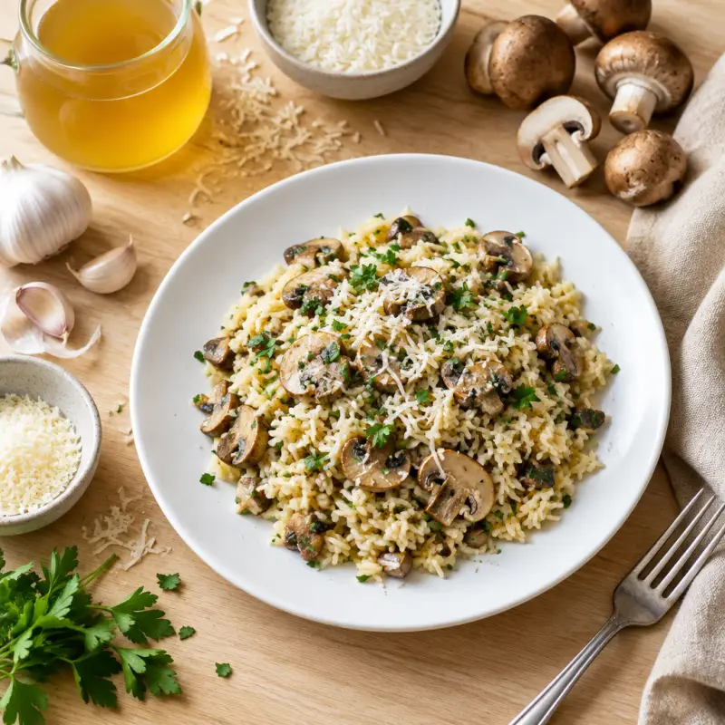 Three Mushroom & Parmesan Pilaf, plated