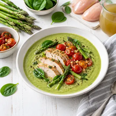 Asparagus Soup with Chicken Slices & Garlicky Grape Tomatoes