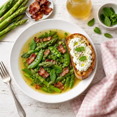 Bacon, Snap Pea & Asparagus Broth with Minted Ricotta Toast