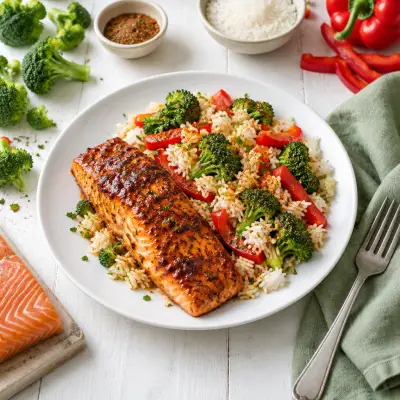 Baked BBQ Salmon with Cajun-Spiced Broccoli, Bell Pepper & Rice