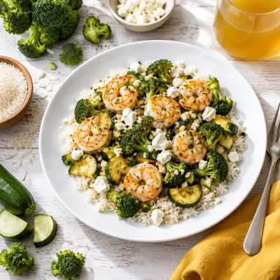 Baked Shrimp, Broccoli, Zucchini, Garlic & Feta Medley over Rice