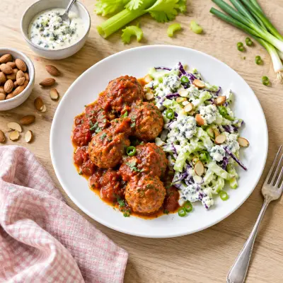 Baked Turkey Meatballs with Spicy Tomato Sauce & Blue Cheese Slaw