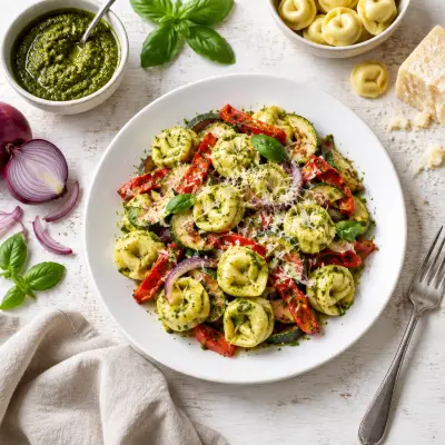 Basil Pesto Tortellini with Roasted Peppers, Zucchini & Parmesan