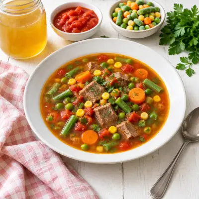 Beef Vegetable Soup with Tomatoes, Carrots, Green Beans, Peas & Corn