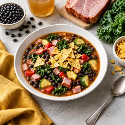 Black Bean-Ham Soup with Zucchini, Kale, Red Peppers & Tortilla Chips