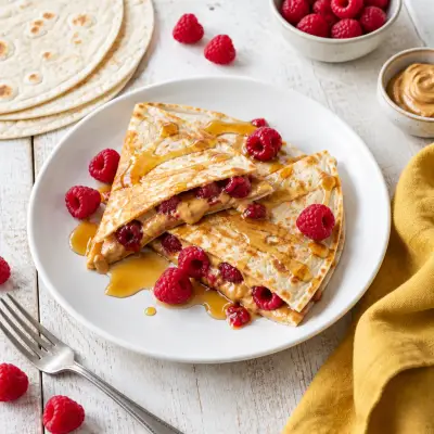 Breakfast Quesadilla with Peanut Butter, Raspberries & Maple Syrup