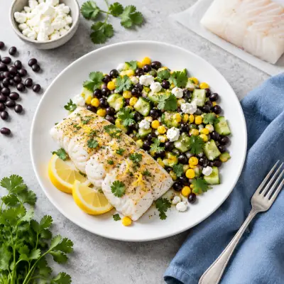 Broiled Lemon Cod with Bean, Corn, Cucumber, Cilantro & Feta Salad