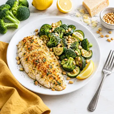 Broiled Parmesan Tilapia with Sautéed Broccoli, Zucchini & Pine Nuts