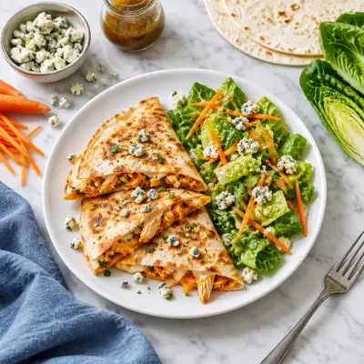 Buffalo Chicken Quesadilla with Blue Cheese & Carrot-Romaine Salad