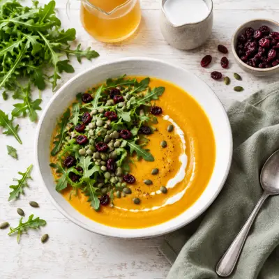 Butternut Squash Soup with Arugula, Cranberry & Pumpkin Seed Salad