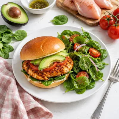 Cajun Chicken & Avocado Burger with Baby Spinach Salad