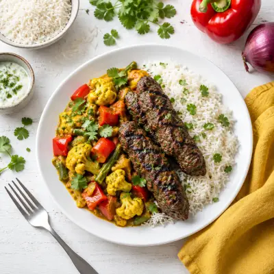 Charbroiled Beef Kebabs with Curried Vegetables & Basmati Rice