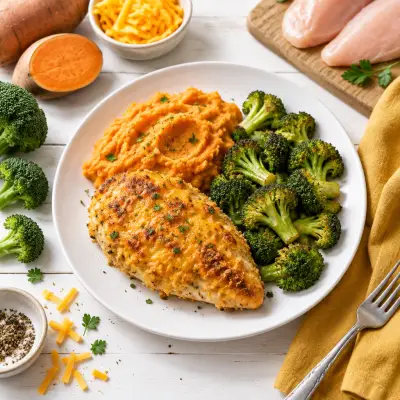 Cheddar Crusted Chicken with Mashed Sweet Potatoes & Roasted Broccoli