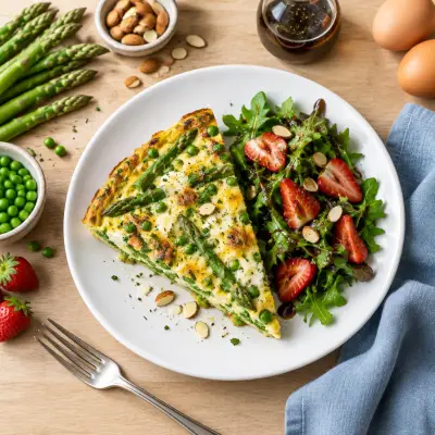 Cheesy Asparagus & Pea Frittata with Strawberry Balsamic Green Salad