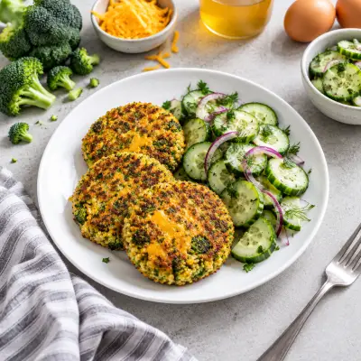 Cheesy Broccoli Quinoa Patties with Tangy Cucumber Salad