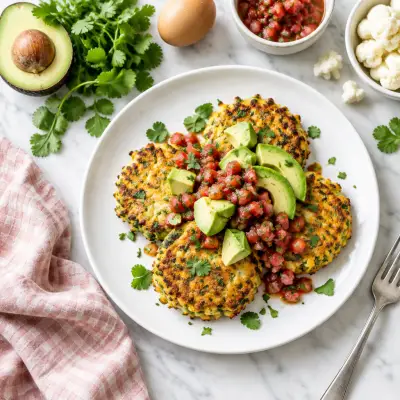 Cheesy Cauliflower-Cilantro Fritters with Avocado & Salsa
