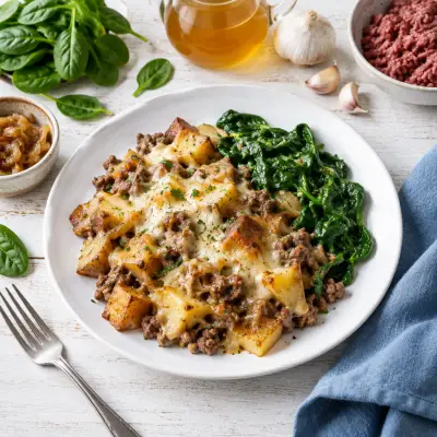 Cheesy "French Onion" Beef & Potato Skillet with Sautéed Spinach