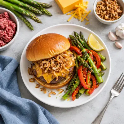 Cheesy Fried Shallot Burger with Lemony Asparagus & Peppers