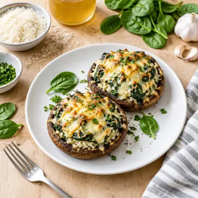 Cheesy Spinach & Rice Stuffed Portobello Mushrooms