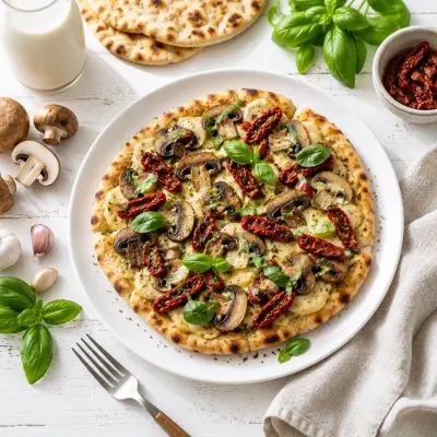 Cheesy Vegan Pizza with Mushrooms, Sun-dried Tomatoes & Basil