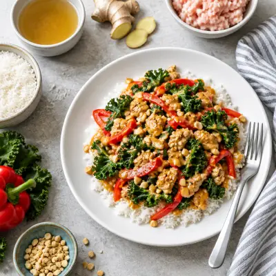 Chicken, Bell Pepper & Kale Stir-Fry with Peanut Sauce over Rice