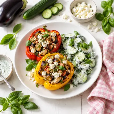 Chicken, Eggplant & Feta Stuffed Peppers with Creamy Basil Salad
