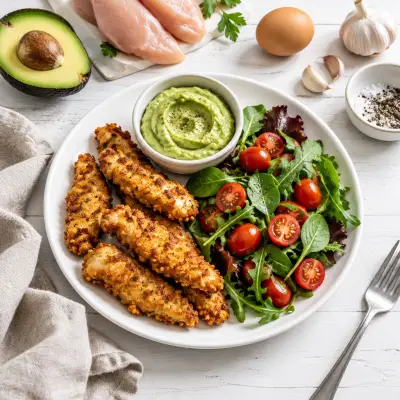 Chicken Fingers & Avocado Dip with Greens & Grape Tomatoes