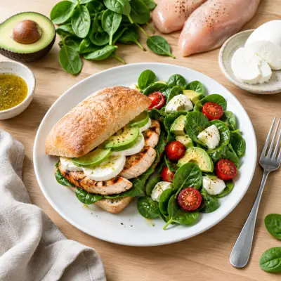 Chicken & Fresh Mozzarella Sandwich with Avocado & Spinach Salad